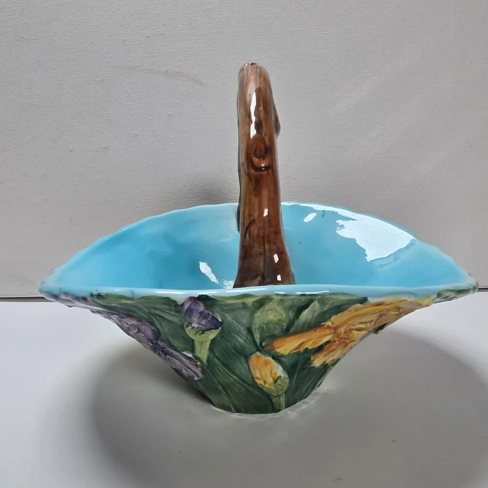 Majolica Iris Basket Made in Italy Ceramic Basket Floral Iris Branch Vintage VTG